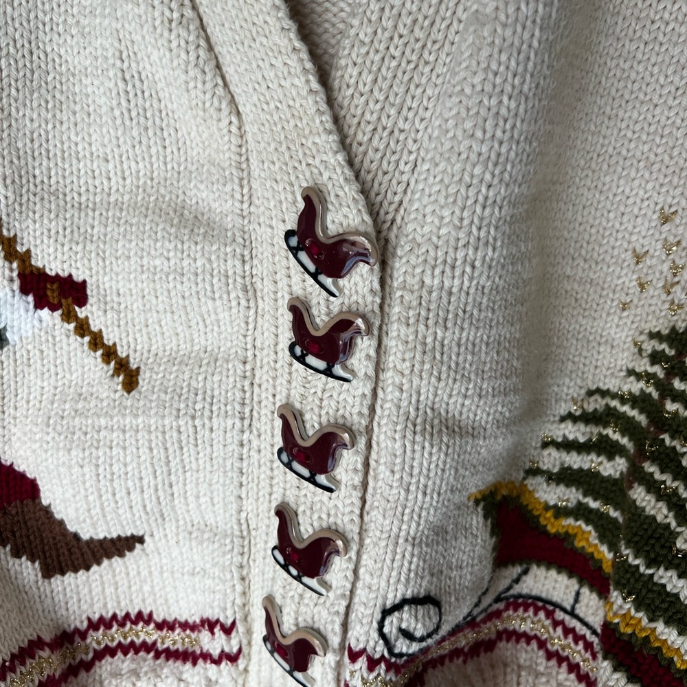Vintage 80s Christmas Knit Sweater Sleigh Buttons Santa Cardigan Women’s Large - Picture 2 of 5